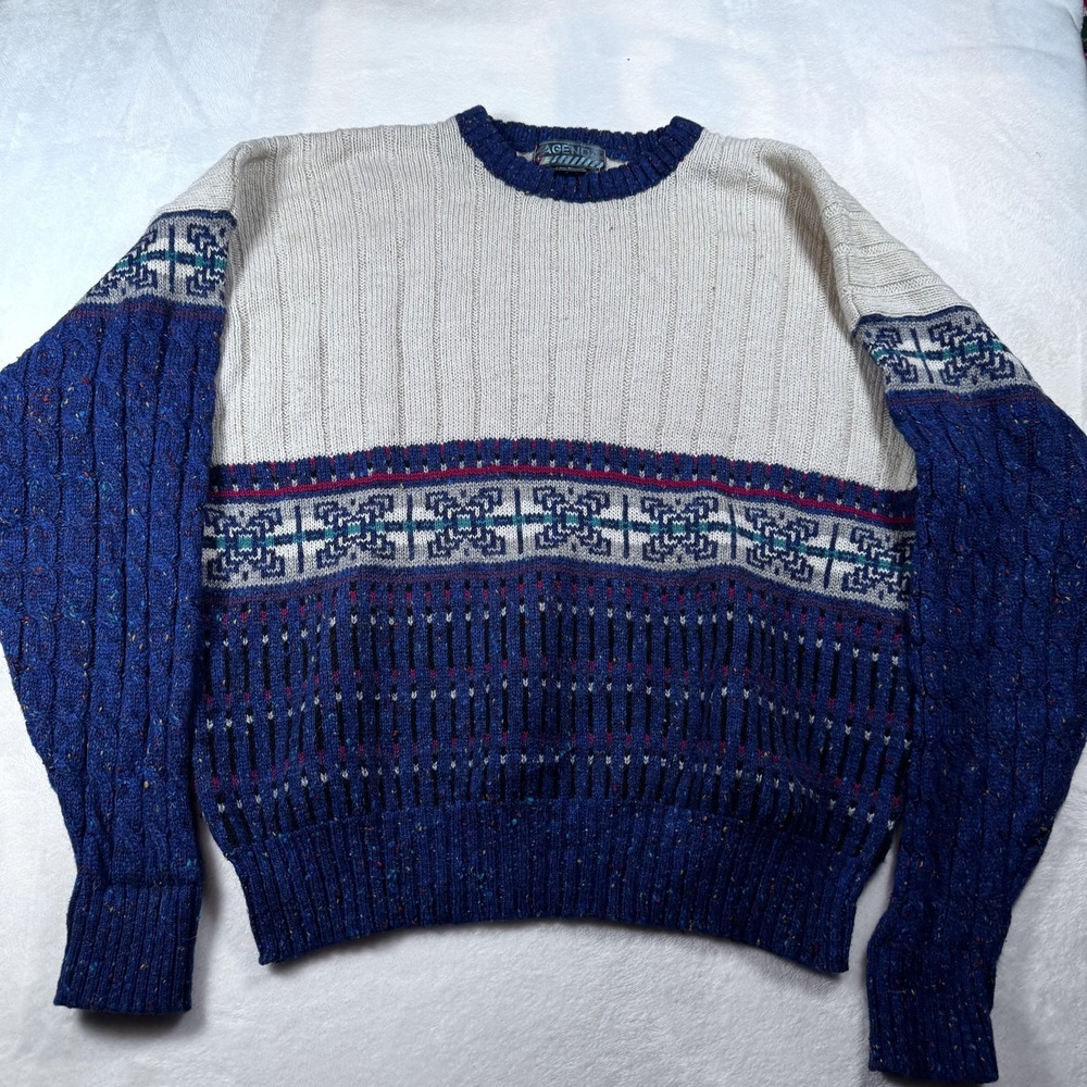 Vintage Agenda Sweater Mens XL Blue White‎ Wool Blend Fair Isle Cable Knit 90s
